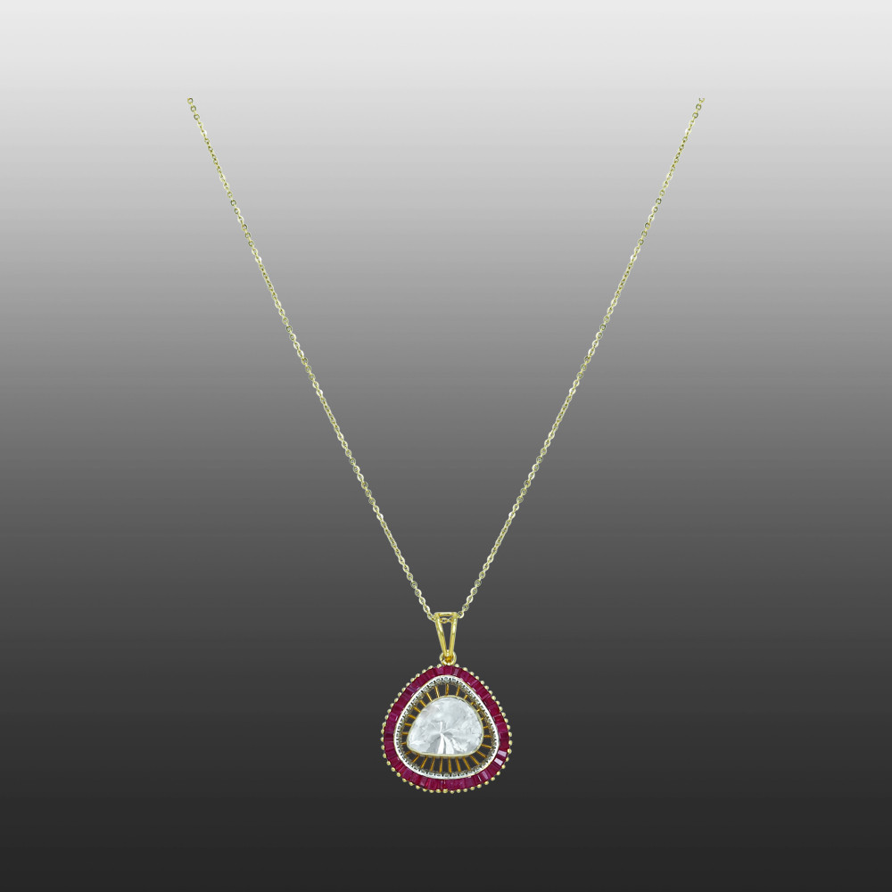 Pear-Shaped Polki Pendant with Red Ruby Baguettes